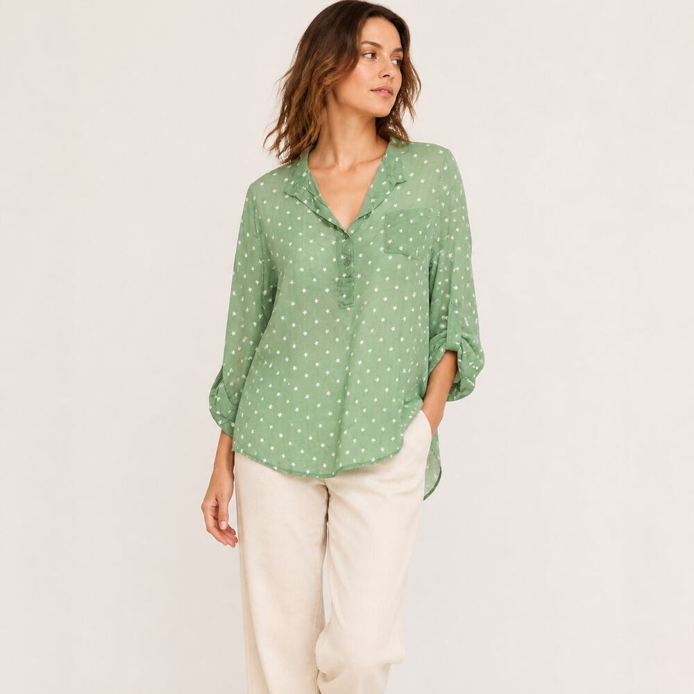 Angela Mara Green White Star Popover Blouse size XS NWT